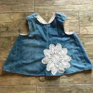 handmade pinafore denim doilie infant dress top 12 months?